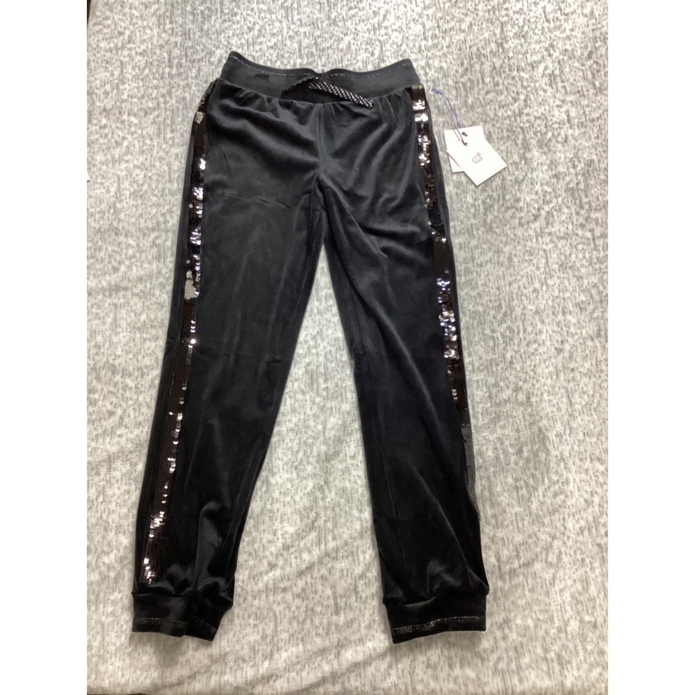 More Than Magic Girls Ebony Black Velour Sequin Side Stripe Joggers L 10/12 NWT